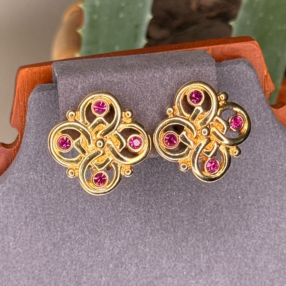 Vintage Swarovski Clip-On Earrings | Gold Tone Pink Crystal Statement 80s 90s
